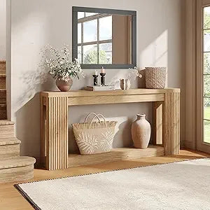 Farmhouse Style 71 Rectangular Console Table with Fluted Wood and Storage, Ideal for Entryway or Behind Sofa