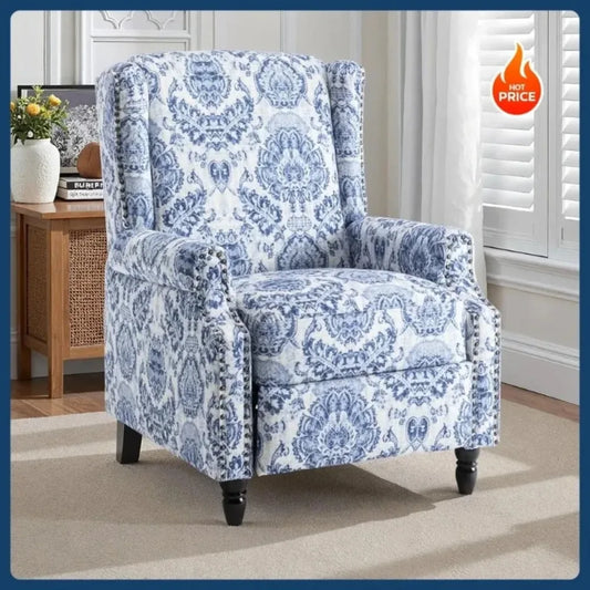 [Hot Sale!]Pushback Recliner Chair, Floral Fabric Wingback Recliner Chair, Upholstered Armchair Push Back Recliner, Rivet Trim S