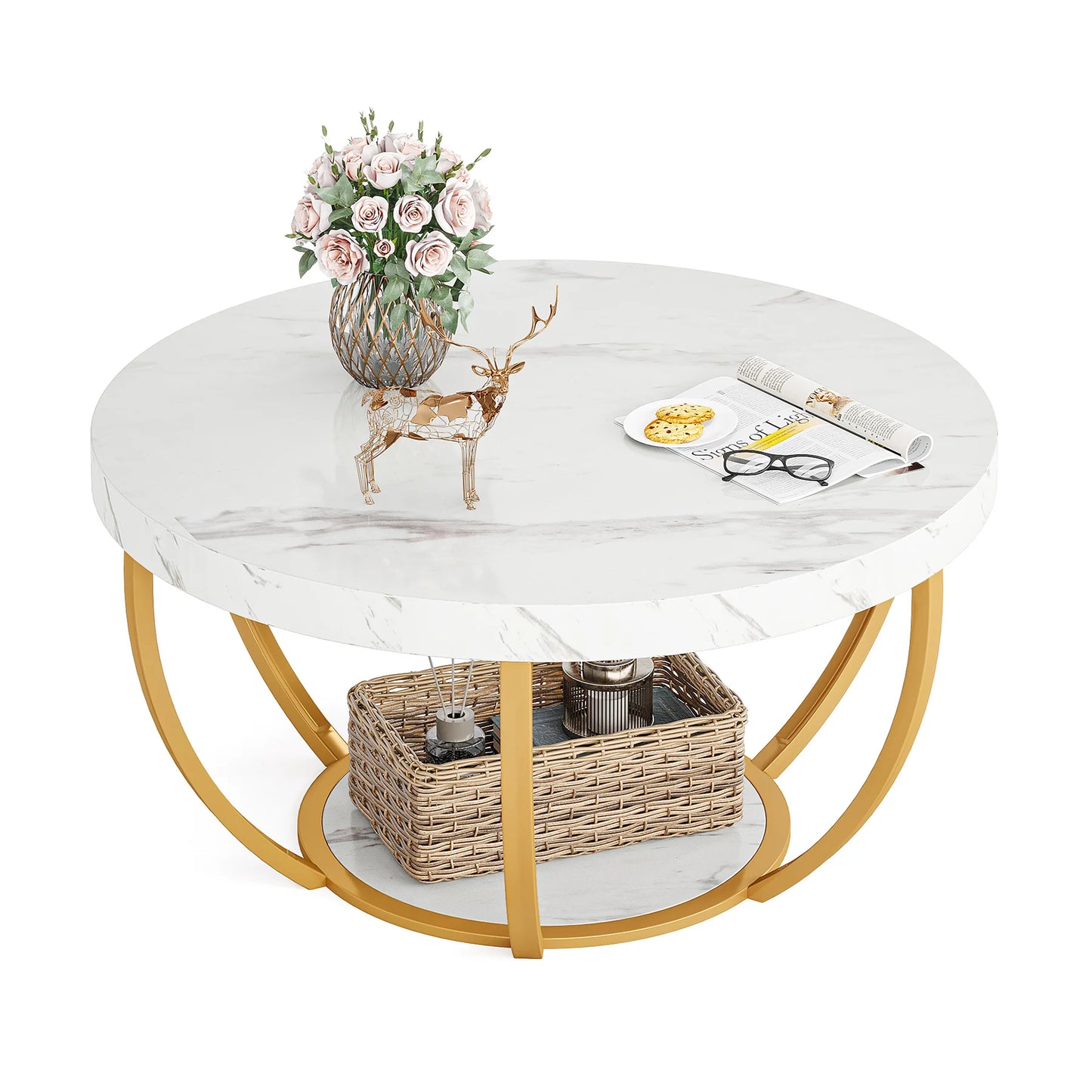 Round Coffee Table with Storage Shelves - 31.7" Industrial 2-Tier Circle Table
