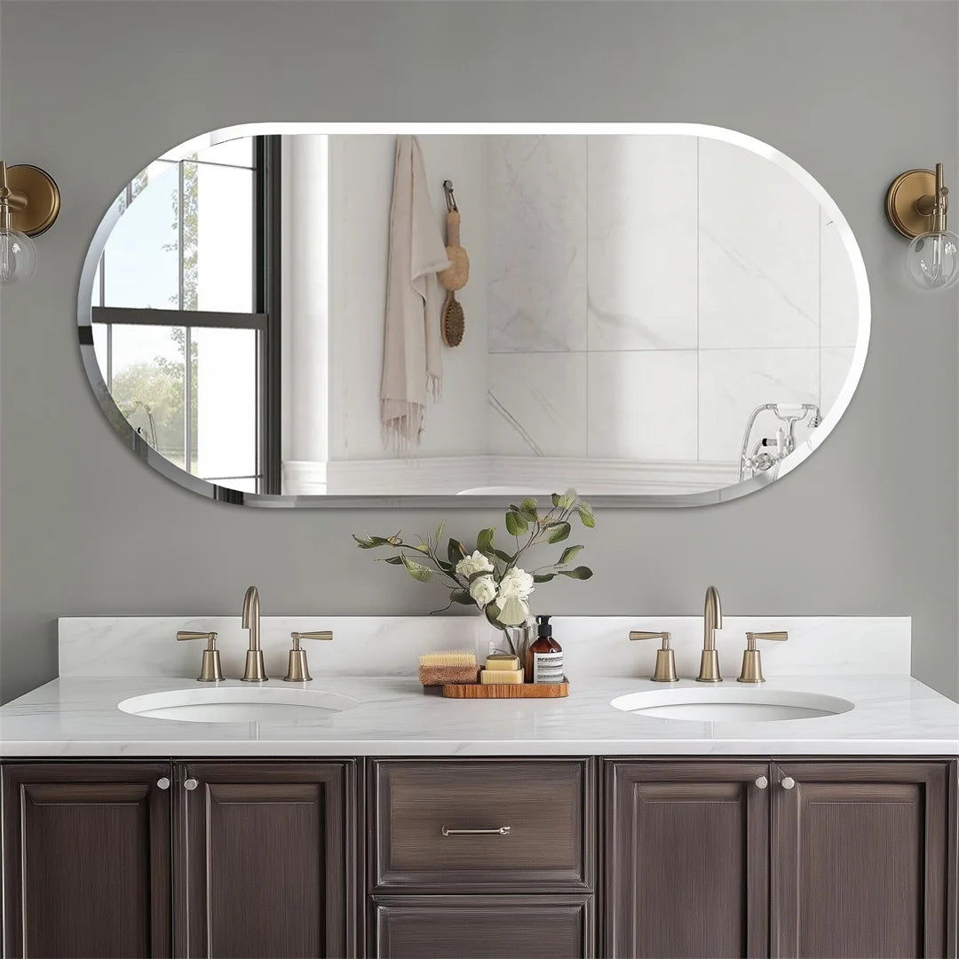 Frameless Long Oval Bathroom Vanity Mirror Silver Glass Wall Decor Mirror with Beveled Edge for Bathroom Entryway