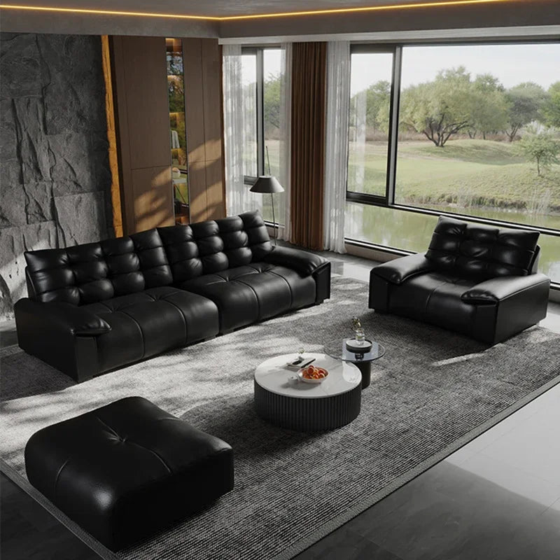 Black Leather Tufted Modular Sofa - Contemporary Recliner for Living Room