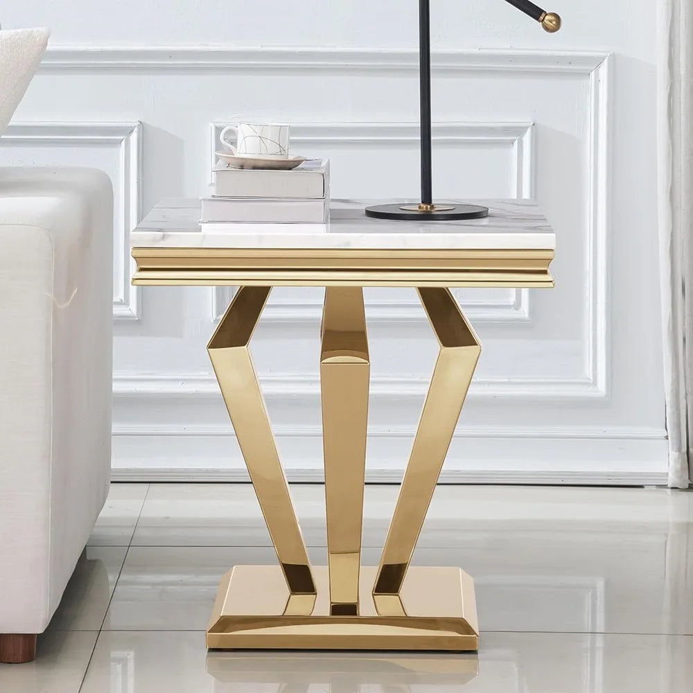 Square End Table, 22.8" Modern White Faux Marble Side Table, Nightstand Bedside Table Small Accent Table with Golden Mirrored Fi