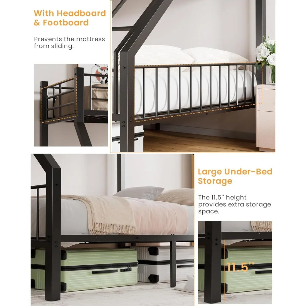 Metal Bunk Bed Frame - Twin XL Over Queen with Safety Ladder and Guardrails