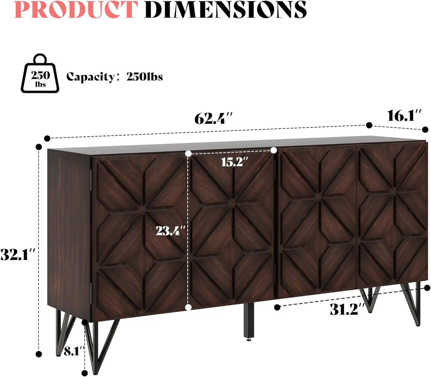 Sideboard Buffet with Hand-Carved Geometric Doors - Console Cabinet, 63"