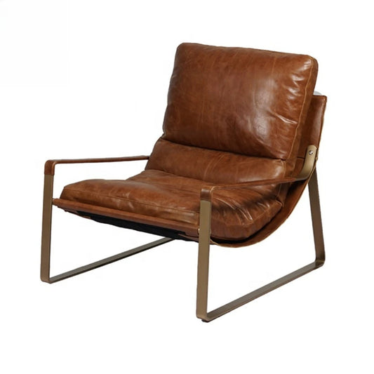 Vintage leather lounge armchair luxury comfortable living room chair metal iron frame tan leather lazy accent chair
