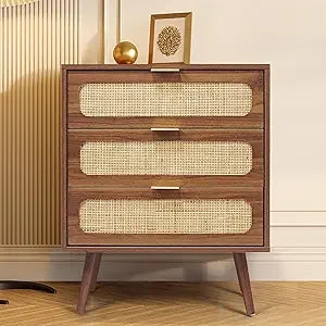 QHITTY Drawer Dresser Set of 2, Rattan Chest of Drawers with 3 Drawers Dresser, Accent Storage Cabinet Modern Bedside Table for