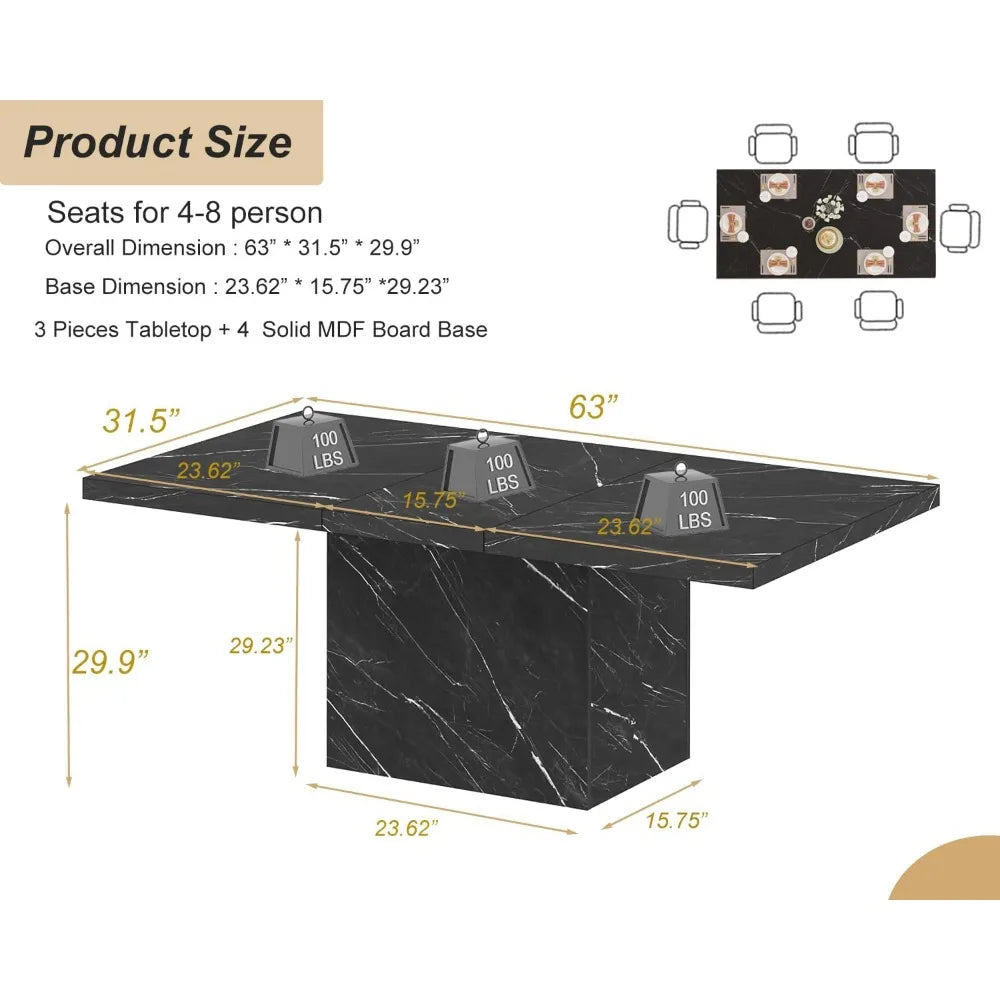 Modern 63 Rectangular Faux Marble Dining Table for 6, Suitable for Farmhouse Style Living Rooms