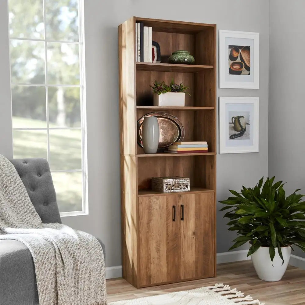 Bamboo Bookcase 5 Shelf with Doors - Adjustable Shelves Storage Cabinet for Office and Living Room