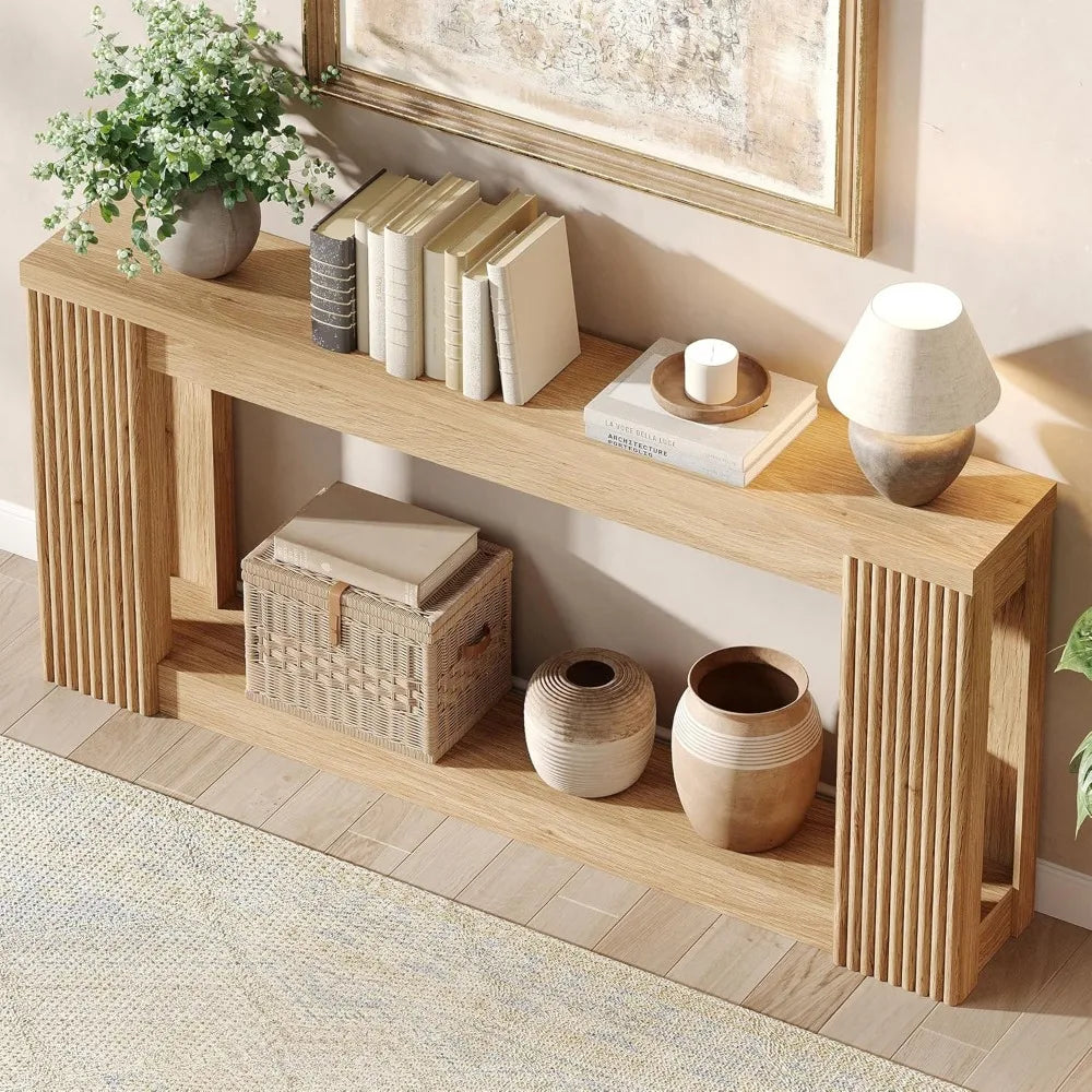 Farmhouse Style 71 Rectangular Console Table with Fluted Wood and Storage, Ideal for Entryway or Behind Sofa
