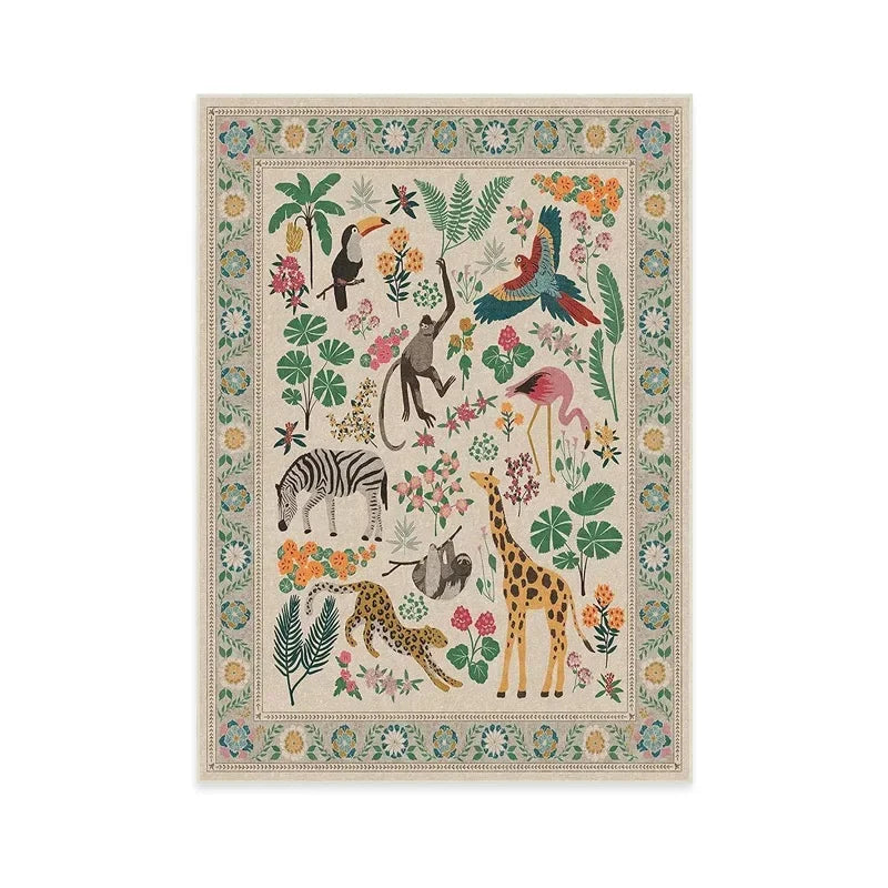Bohemian Rug – Retro Animal & Plant Motif Carpet for Living Room & Bedroom