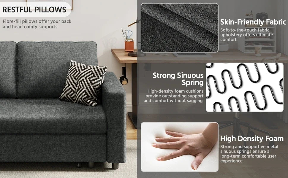 w/Pull-Out Trundle Bed Sleeper Sofa Convertible Couch for Limited Spaces Living Room Bedroom Guest Room Dark Gray 55.5 in