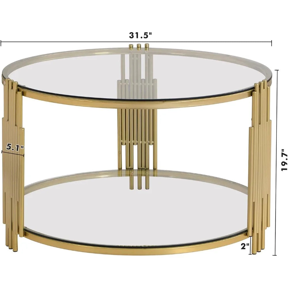 31.5" Modern Round Glass Coffee Table, Glass Side Table End Table with Circular Metal Drum Base, Tea Table with Gold Finish & Lo