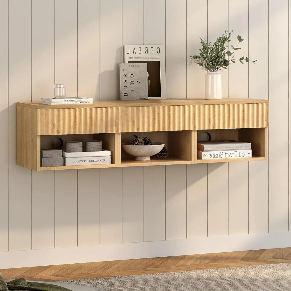 Floating TV Stands with Drawer and Open Shelf, Small Wall Mounted Bedside End Table, Modern Fluted Night Stand for Bedroom