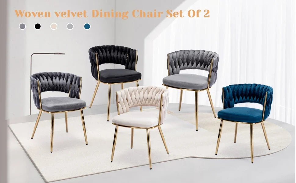 Velvet Dining Chair Set of 4, Gold Modern Dining Chairs with Metal Legs, Woven Upholstered Dining Chairs