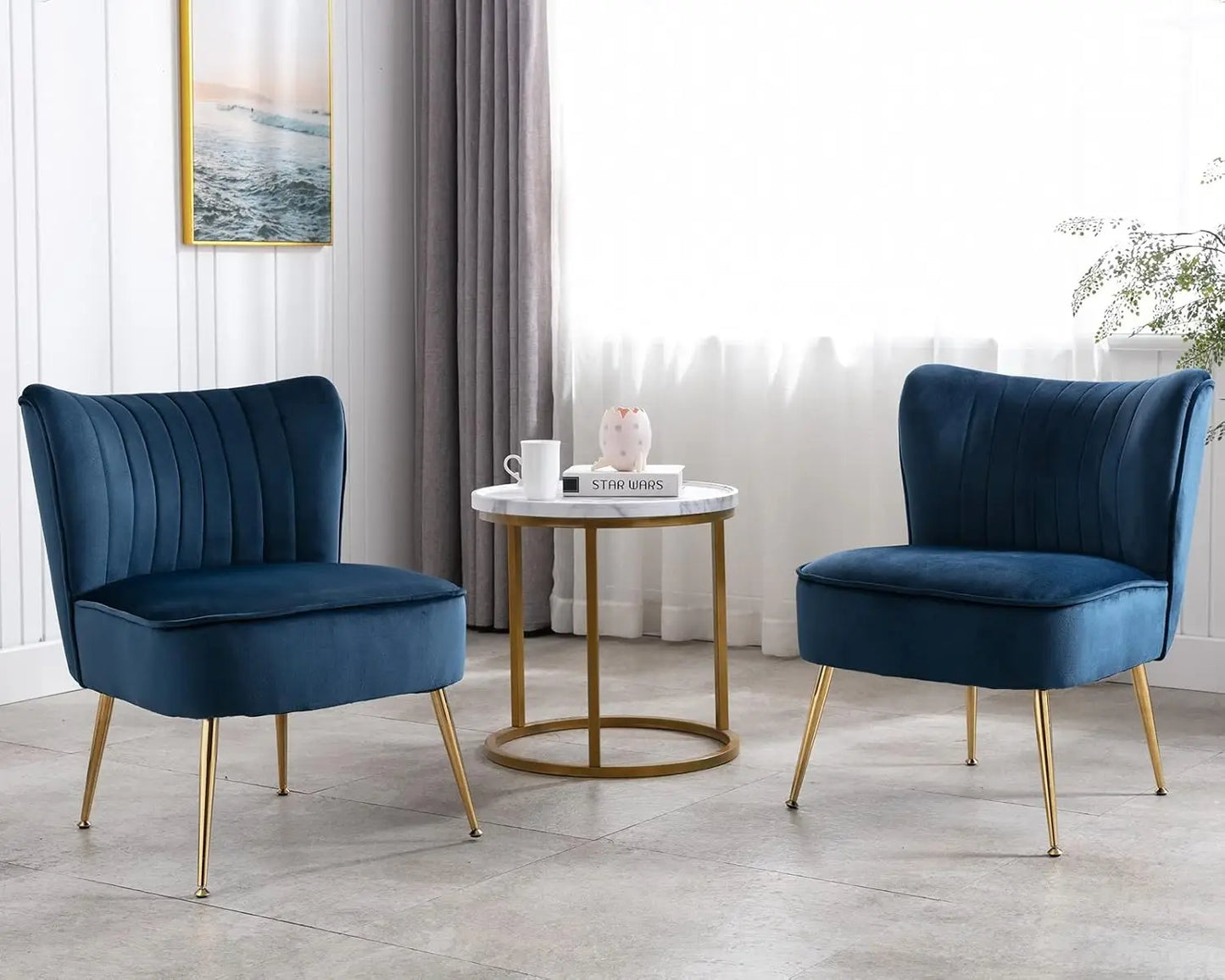 Set of 2 Velvet Wingback Accent Chairs, Navy Blue, Modern Slipper Sofa with Legs for Living Room Bedroom