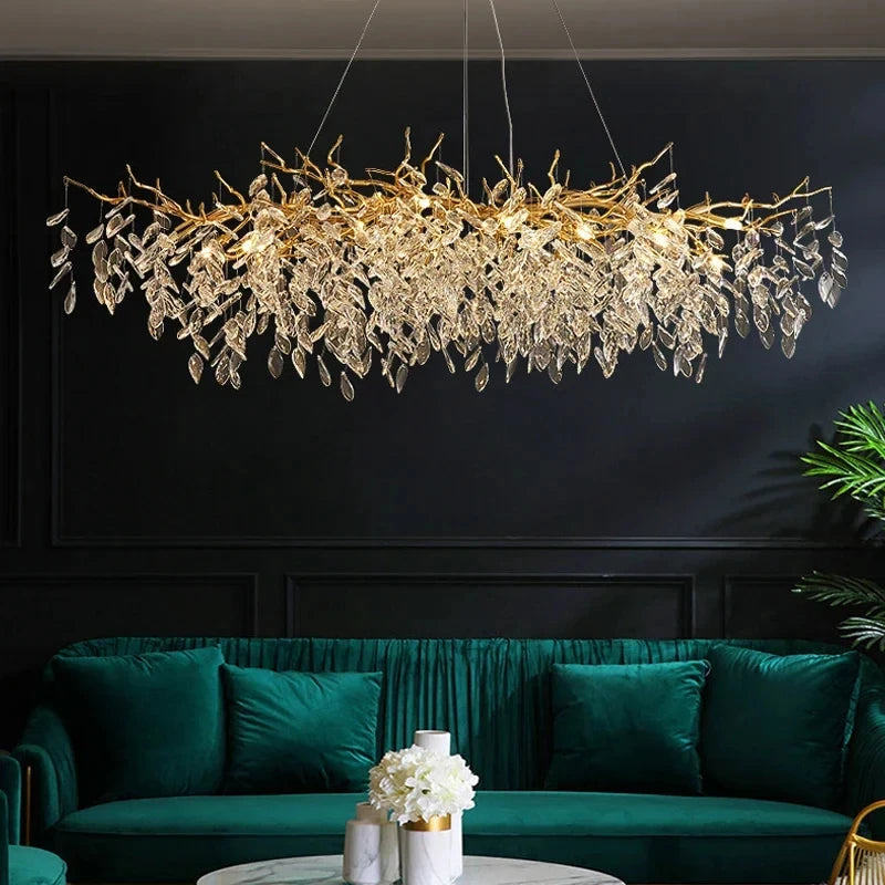 Crystal Chandelier: Luxury Gold Leaf Design LED Pendant Light for Dining & Living Room
