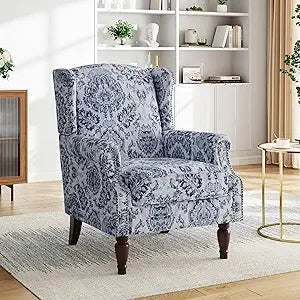 Floral-Patterned High-Back Wingback Chair with Upholstered Arms, Nailhead Trim, and Solid Wood Legs for Living Spaces