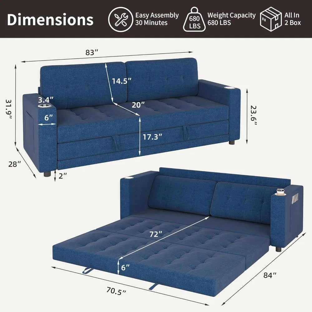 Queen Size Futon Sofa Bed - L-Shaped Convertible Sleeper, 83"W x 84"L