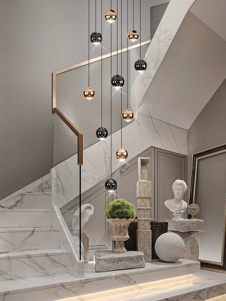 Chandelier: Multi-Drop Cluster with Metallic Globe Pendants in Black & Gold