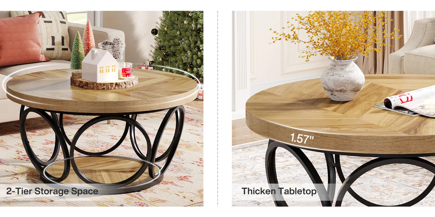 Round Coffee Table with Storage Shelves - 31.7" Industrial 2-Tier Circle Table