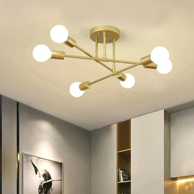 Ceiling Light: Modern Sputnik Semi-Flush Mount in Gold with 6 Lights