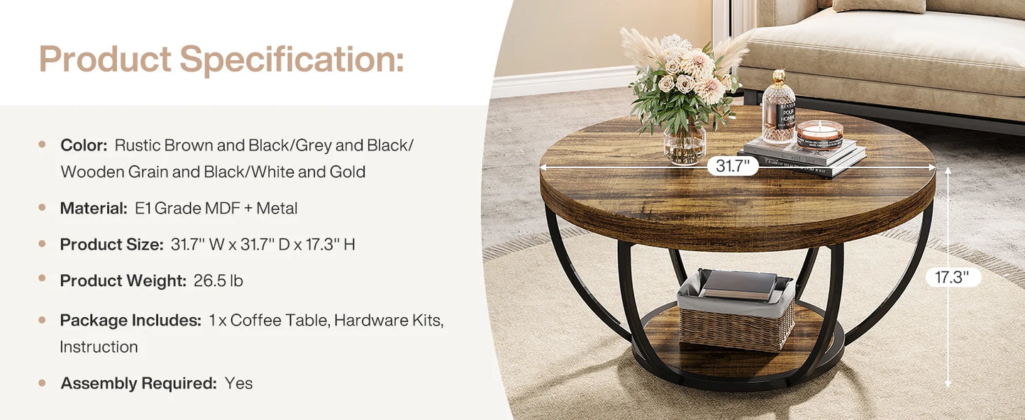 Round Coffee Table with Storage Shelves - 31.7" Industrial 2-Tier Circle Table