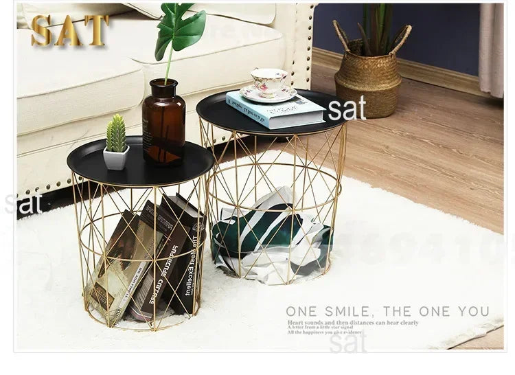 -New Nordic Golden Iron Metal Coffee Table Dirty Storage Basket Tea Fruit Snack Service Plate Tray Bed Living Room Sofa Side