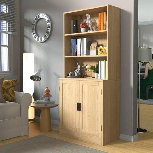 5-Tier Tall Bookcase with Doors - Wood Display Shelf, 75"