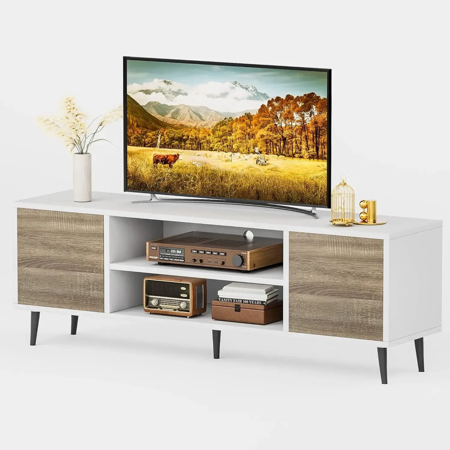 TV Stand for 65 Inch TV, Modern Entertainment Center with Storage Cabinet and Open Shelves