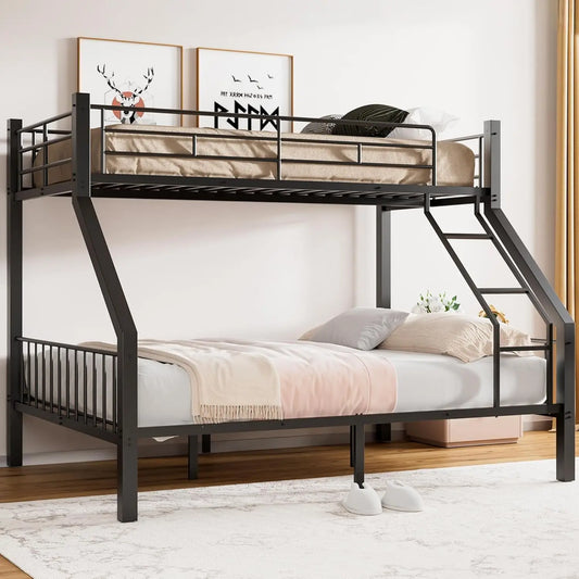 Twin XL Over Queen Bunk Bed, Heavy Duty Bunk Bed with Safety Ladder and Full-Length Guardrails, Metal Queen Bed Frame with Slats
