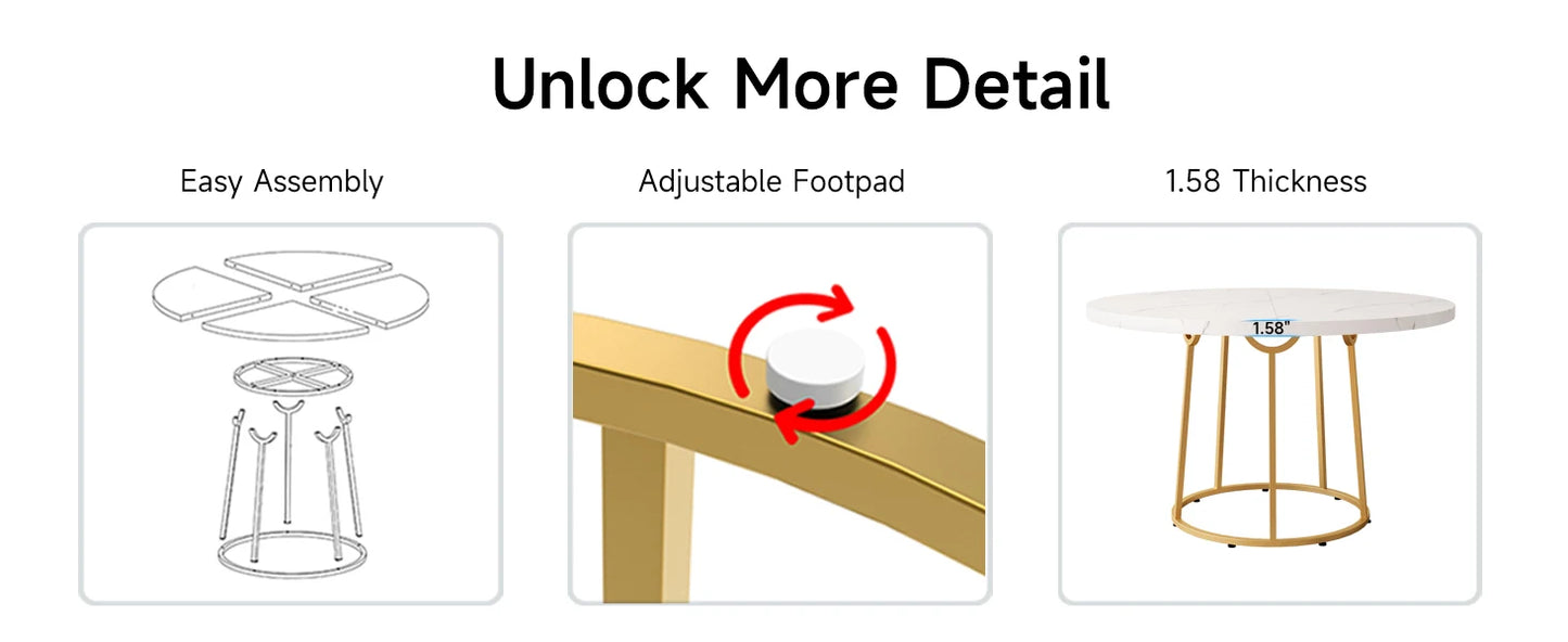 47.24 Inch Round Dining Table Kitchen Table for 4 People Wooden Marble Pattern Dinner Room Table with Gold Base for Home office