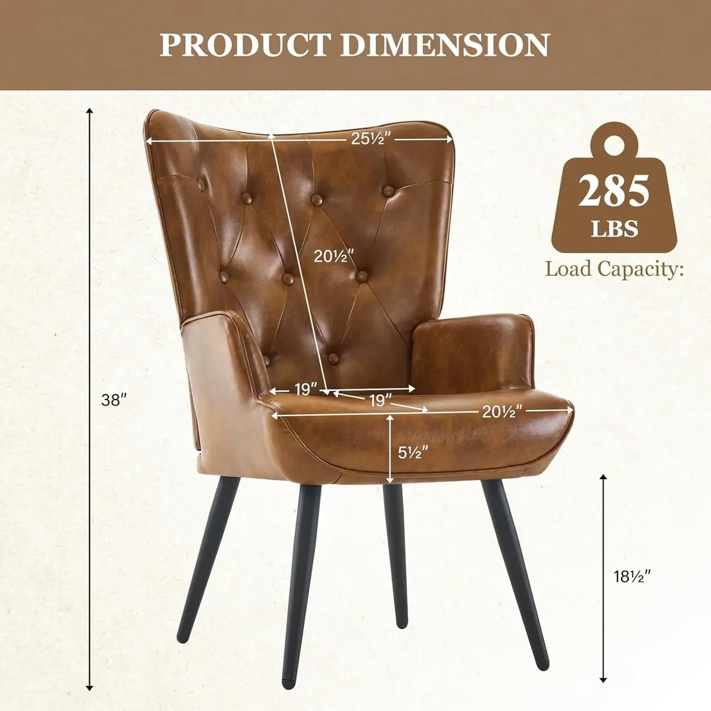 Accent Chairs Set of 2, Brown PU Leather Chair Reading Chair Armchair with High Backrest, Wingback Corner Chair for Living Room