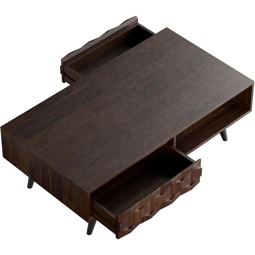georgina solid wood coffee tables for living room, coffee table mid century modern with 2 symmetrical storage drawers & geometr