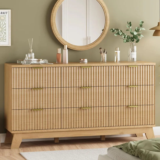Fluted Dresser for Bedroom with 9 Drawers, 57" Wide Modern Chest of Drawers with Metal Handle, Wooden Dresser TV Stand, Wood Clo