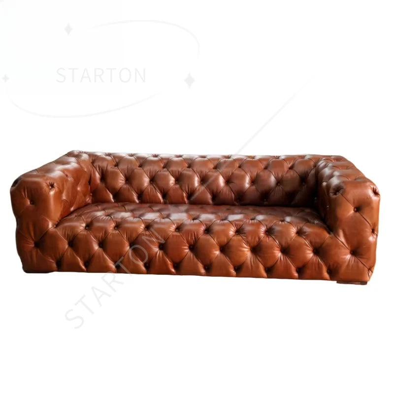 Custom Made Retro Vintage Tan Leather Classic Chesterfield Sofa Fully Tufted Buttons 3 Seat Living Room Hotel Lobby Sofa Club