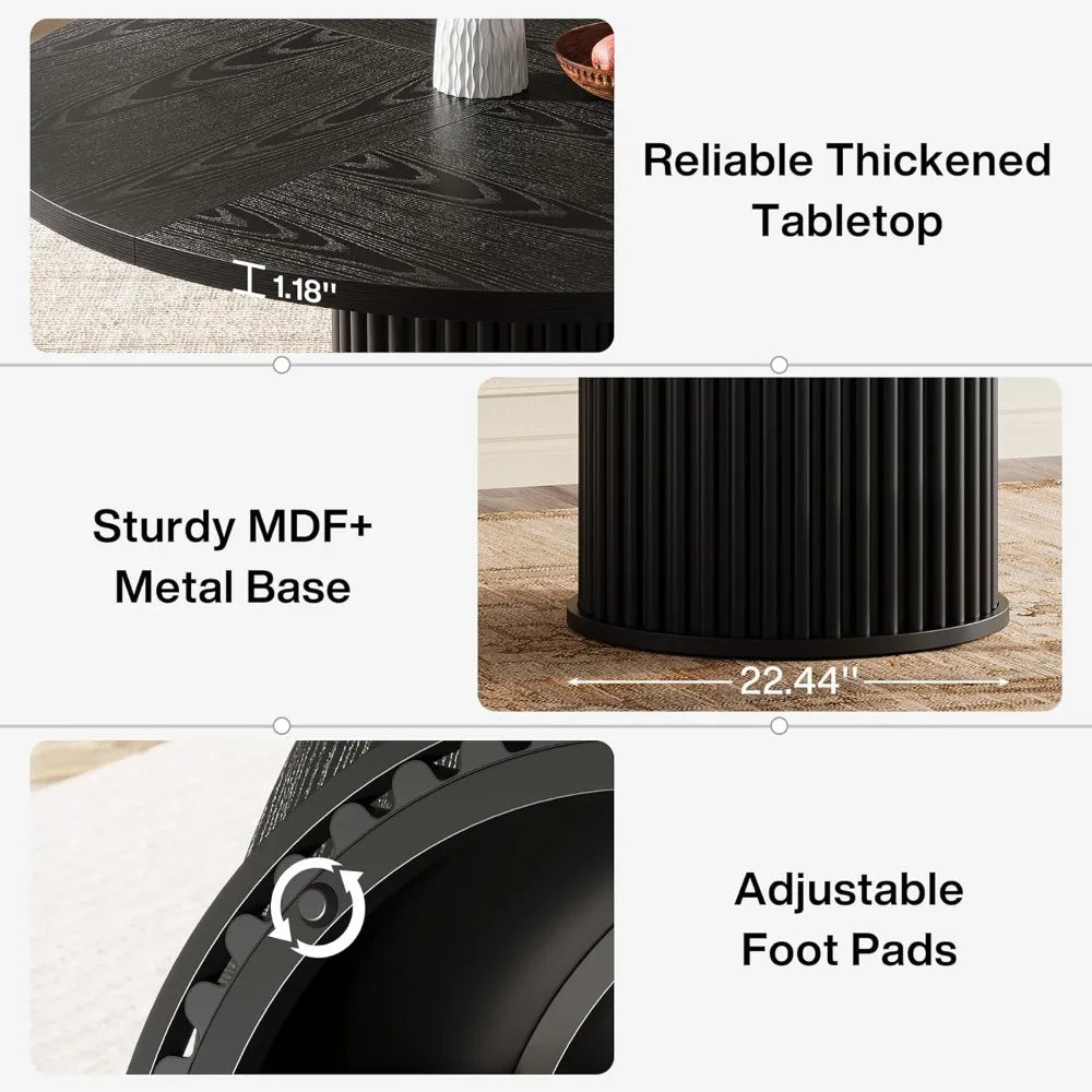 47.24-Inch Black Round Dining Table for 4-6 People, Modern Fluted MDF + Metal Base Kitchen Table, Sturdy Circle Dining
