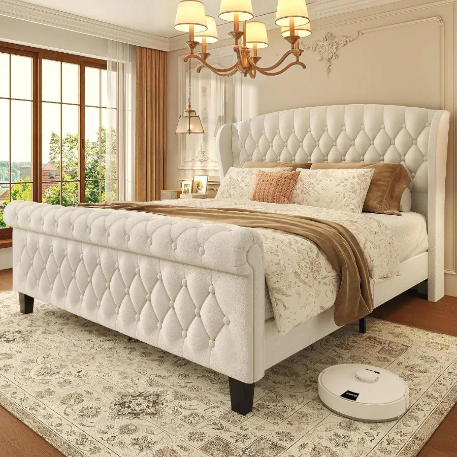 Queen Size Velvet Upholstered Sleigh Bed with Wingback Headboard