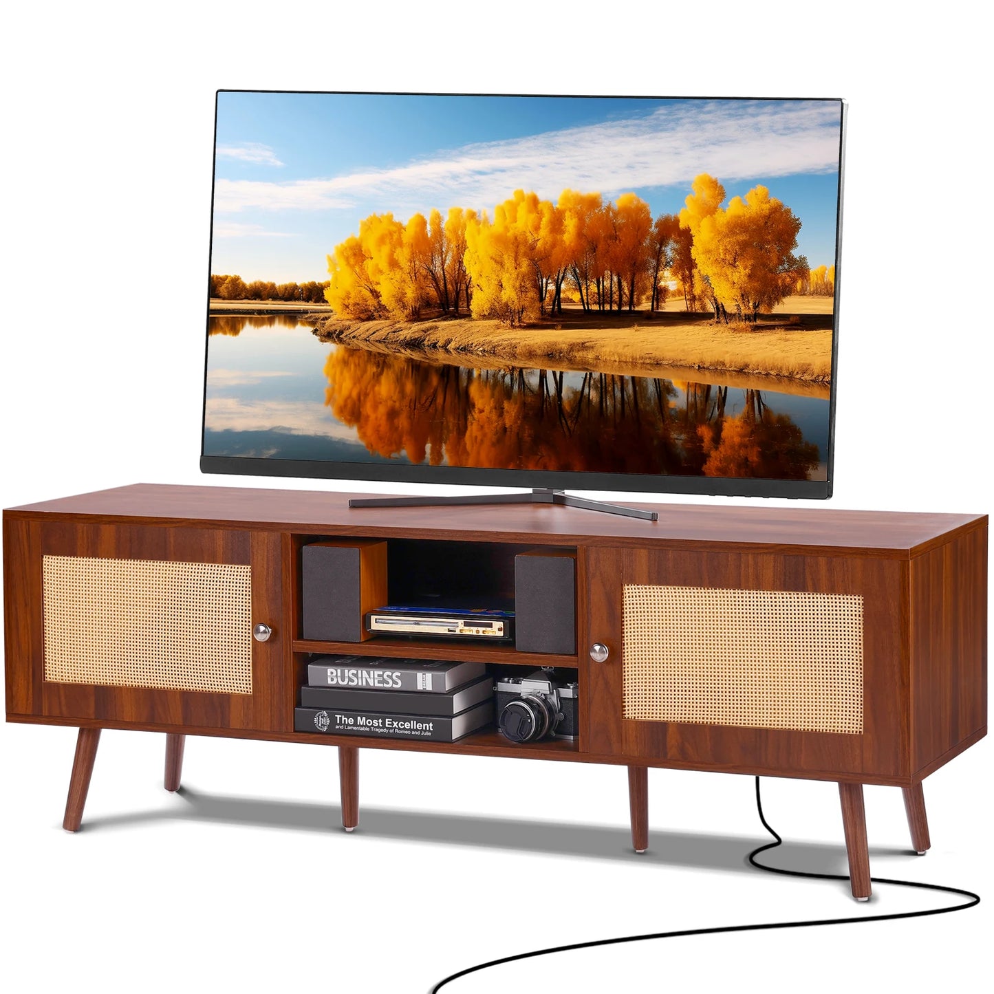 Rattan TV Stand Mid Century Modern TV Stand with Build-in Socket USB Ports Adjustable Shelfs for Living Room Media Room