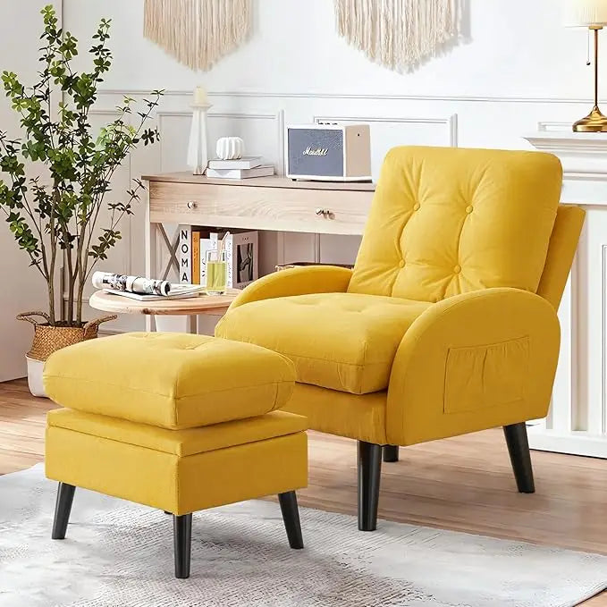 Mustard Yellow Chenille Accent Chair with Ottoman - Reclining Armchair