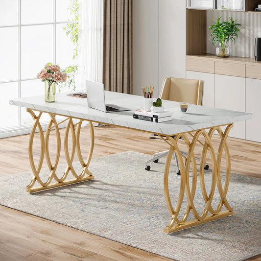 Executive Desk 63" - Modern White and Gold Office Desk with Geometric Base, Conference Table for Home Office
