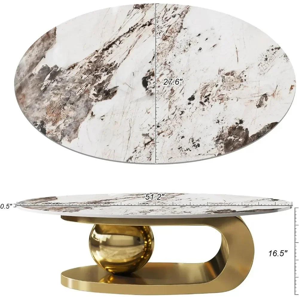 Modern Oval Stone Coffee Table with Abstract Gold Metal Base - Perfect  for Stylish Living Rooms-Gold,51"Lx28Wx16.5H