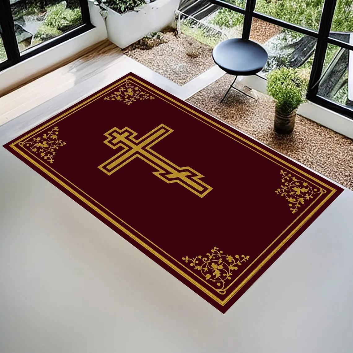 Geometric Cross Pattern Area Rug - Gold Border Design - Multiple Colours