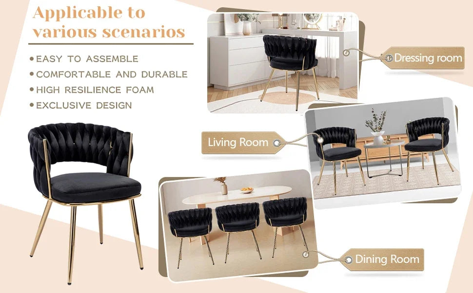 Velvet Dining Chair Set of 4, Gold Modern Dining Chairs with Metal Legs, Woven Upholstered Dining Chairs