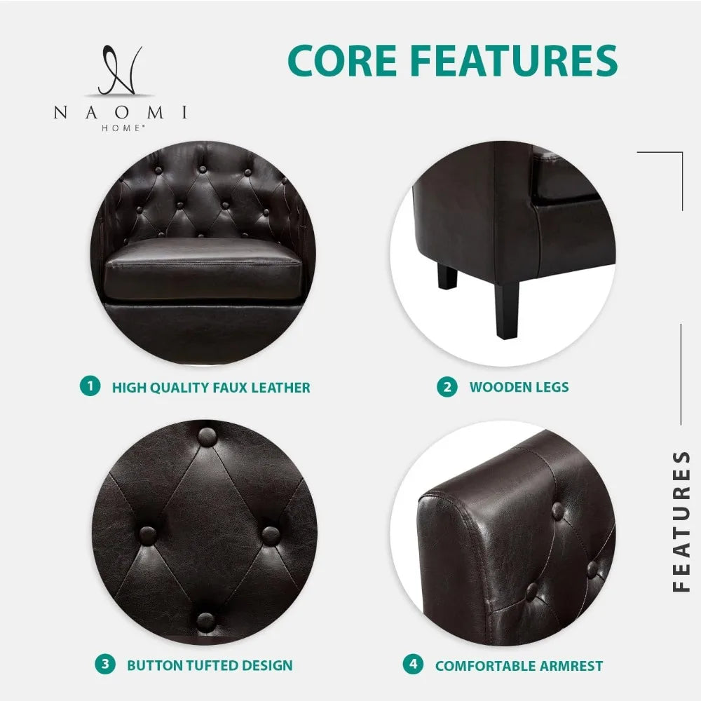 Emma Accent Chair, Button Tufted Faux Leather Barrel Chair, Midcentury Modern Accent Chair Comfy Armchair, Tub Barrel Chairs for