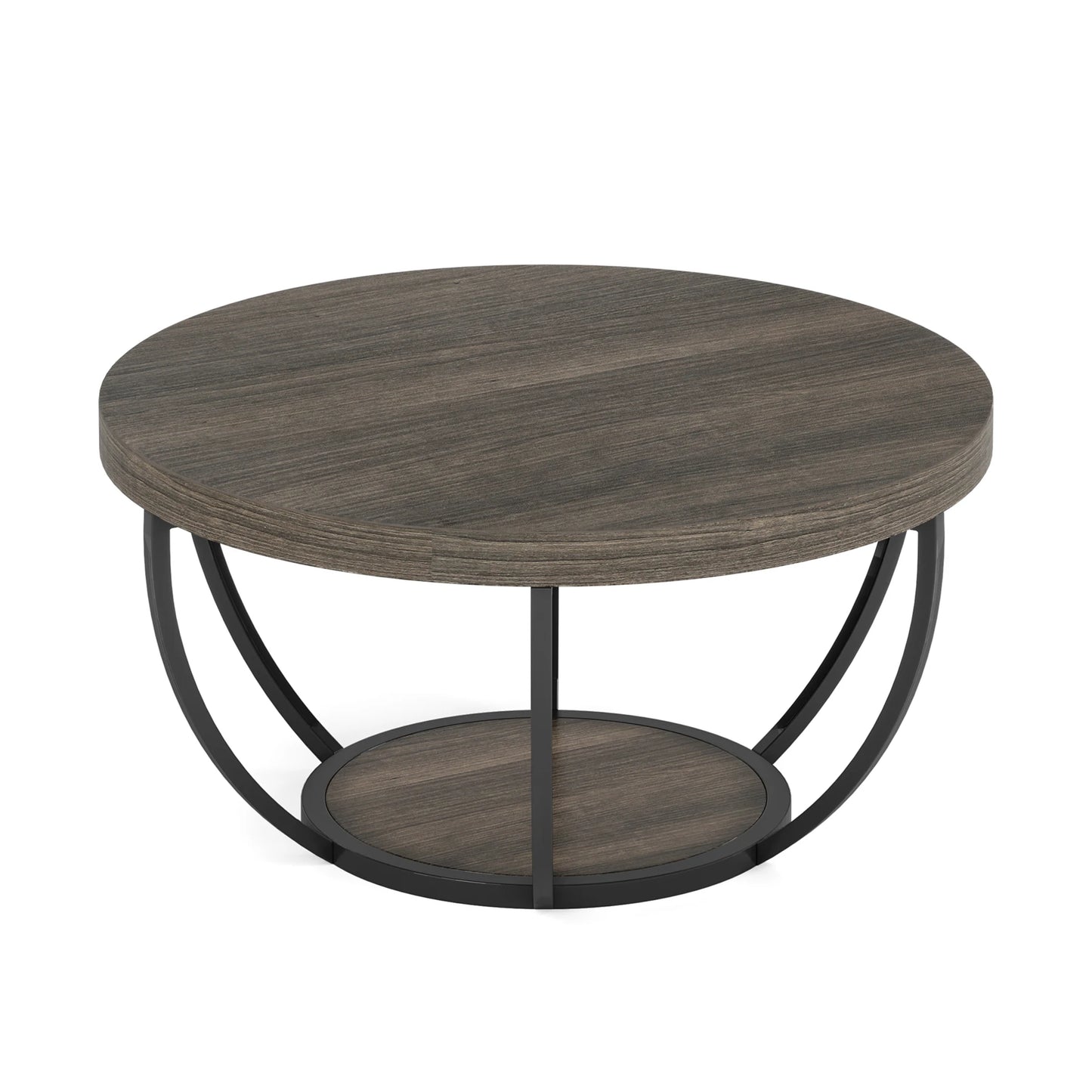 Round Coffee Table with Storage Shelves - 31.7" Industrial 2-Tier Circle Table
