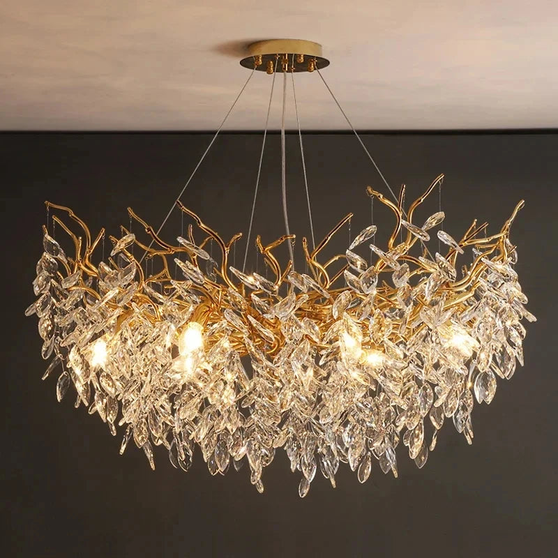 Crystal Chandelier: Luxury Gold Leaf Design LED Pendant Light for Dining & Living Room