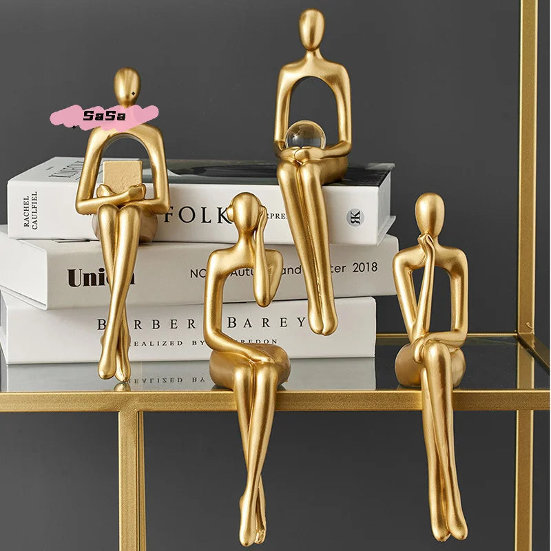 1/3Pcs Abstract Thinker Figure Sculpture Gold Resin Home Office Decor Small Ornament Abstract Statue