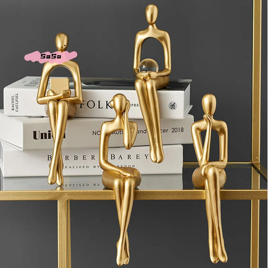 1/3Pcs Abstract Thinker Figure Sculpture Gold Resin Home Office Decor Small Ornament Abstract Statue