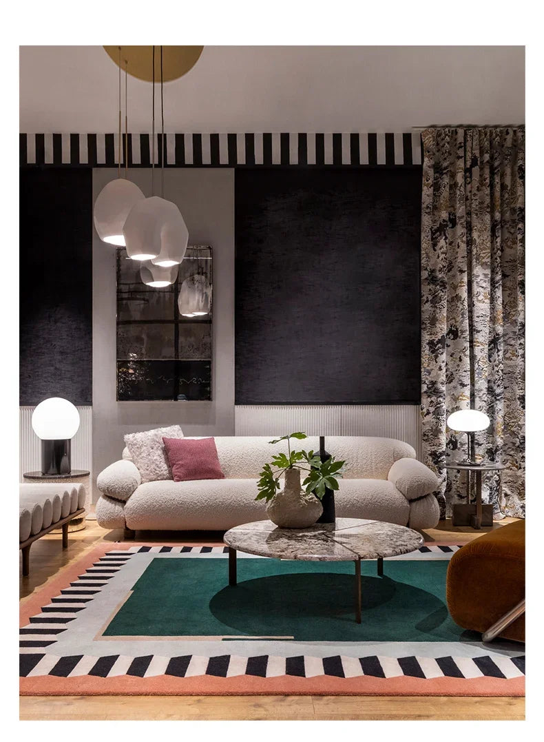 Geometric Colour Block Area Rug - Black and White Striped Border - Multiple Colours