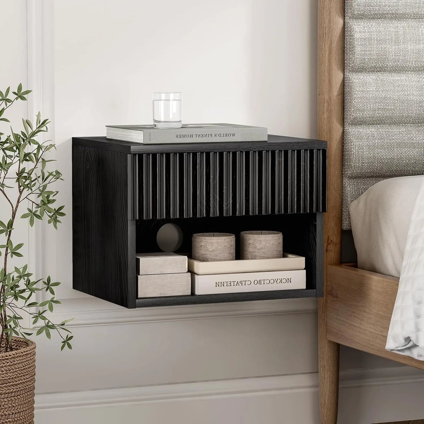 Floating TV Stands with Drawer and Open Shelf, Small Wall Mounted Bedside End Table, Modern Fluted Night Stand for Bedroom